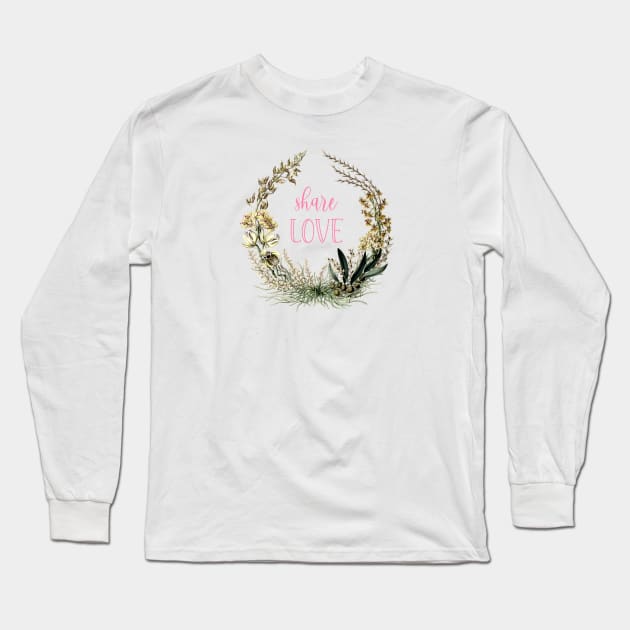 Floral Botanical Wreath with Love Text Long Sleeve T-Shirt by Biophilia